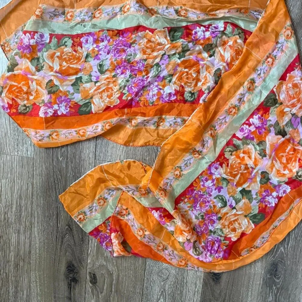 Women's Floral, Orang Scarf- 100% Silk